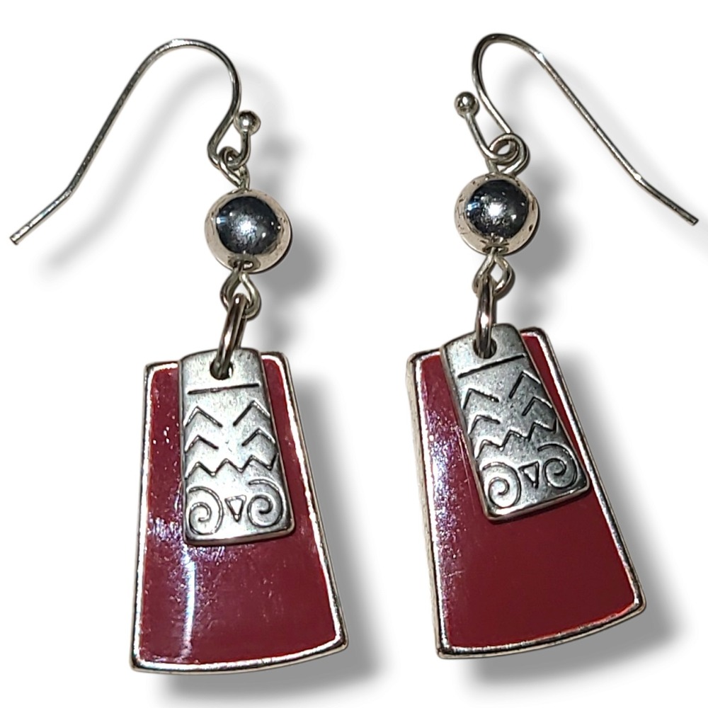 Vintage Kenneth Cole KC Silver Tone Red Enamel Dangle Earrings